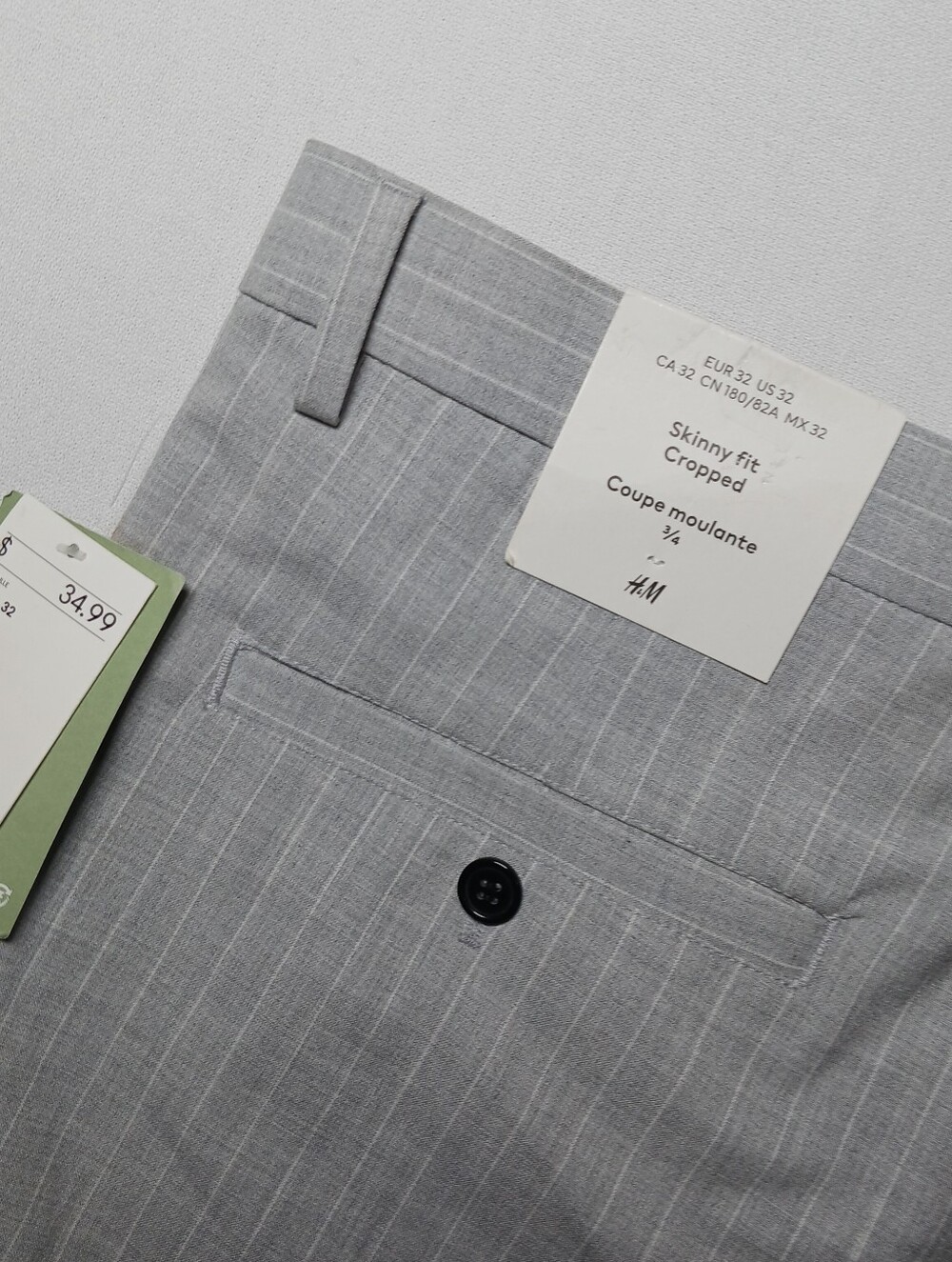 H&M Mens Skinny Cropped Fit Dress Pants 32X28 Light Grey Pinstripes NWT